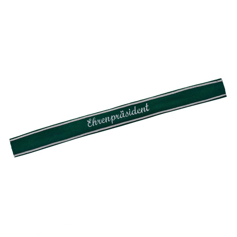 Premium Ehrenpräsident Verein Ärmelband silver embroidery on dark green felt repro – high-quality handgestickt cuff title for honorary president club uniforms, not original, for collectors and display
