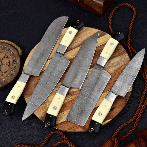 Custom Handmade Damascus BBQ / Kitchen Chef Knives set. Gift For Anniversary / Mother day Gift/ Gift For Everyone (CH-36)